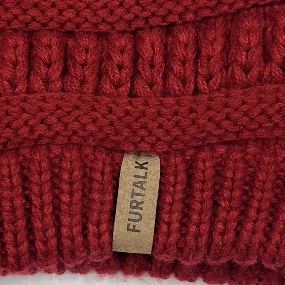 FURTALK Womens Winter Knitted Beanie Hat Faux Fur Pom Red Chunky‎ Ski Snowbunny